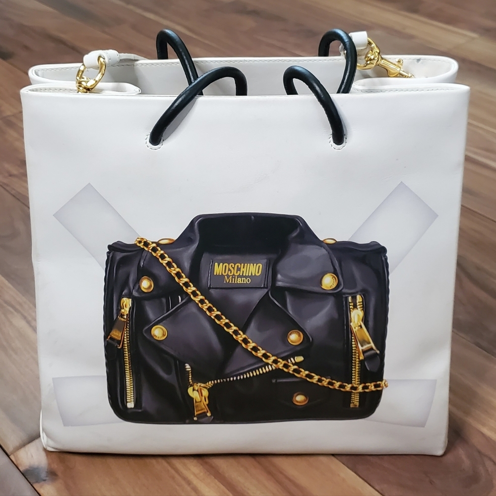 Moschino Leather Tote Bag, White w Biker Print